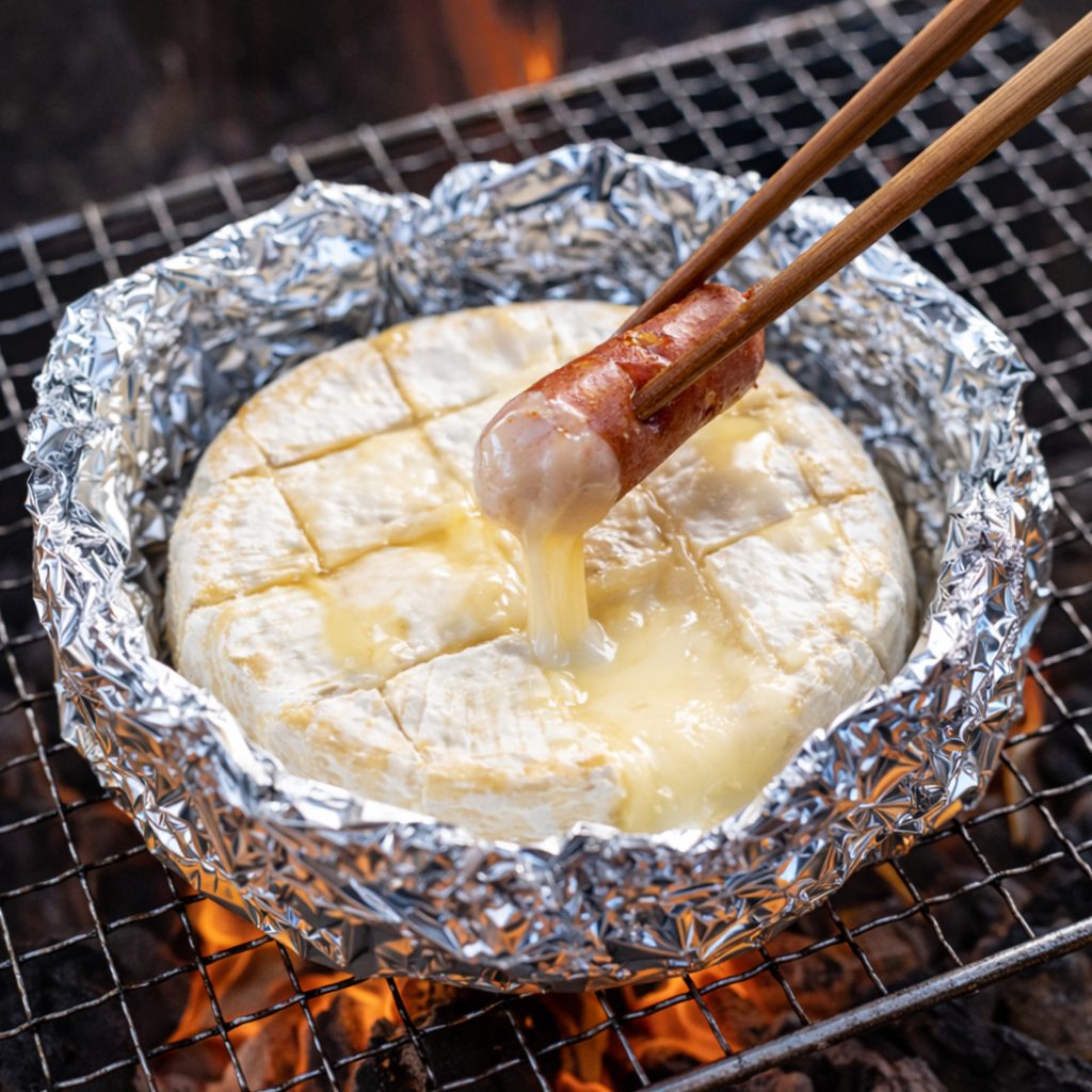焚き火 チーズフォンデュ アルミホイル